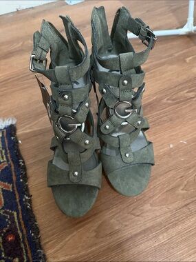 G by Guess Olive Suede Strappy Heeled Sandals with G Accent